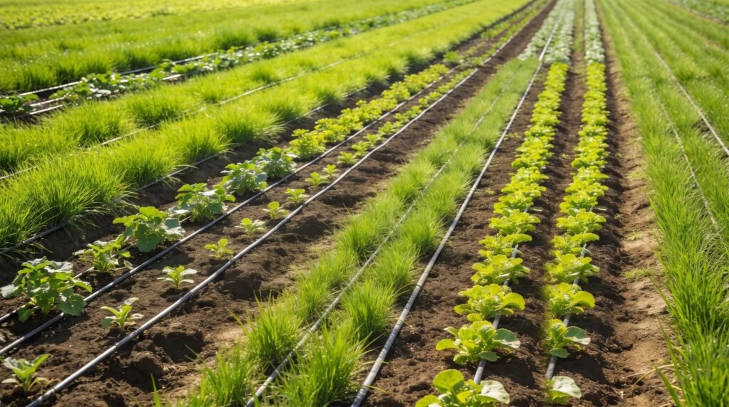 Drip-irrigated crop rows on the agricultural farmland attached to a Rayan West Phase Three villa