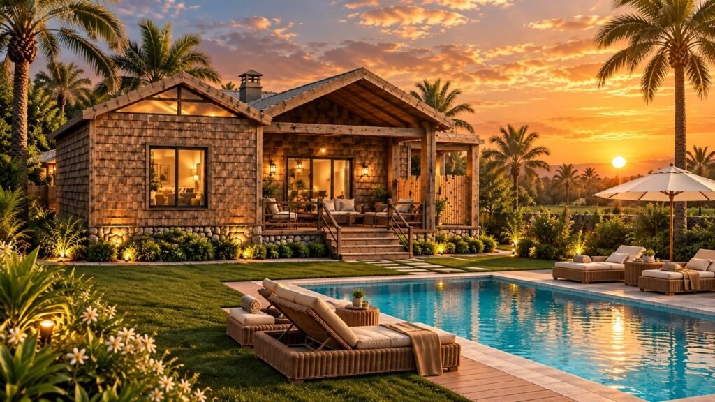 Rayan West Phase Three European-style cabin villa with private pool at sunset, La Granja