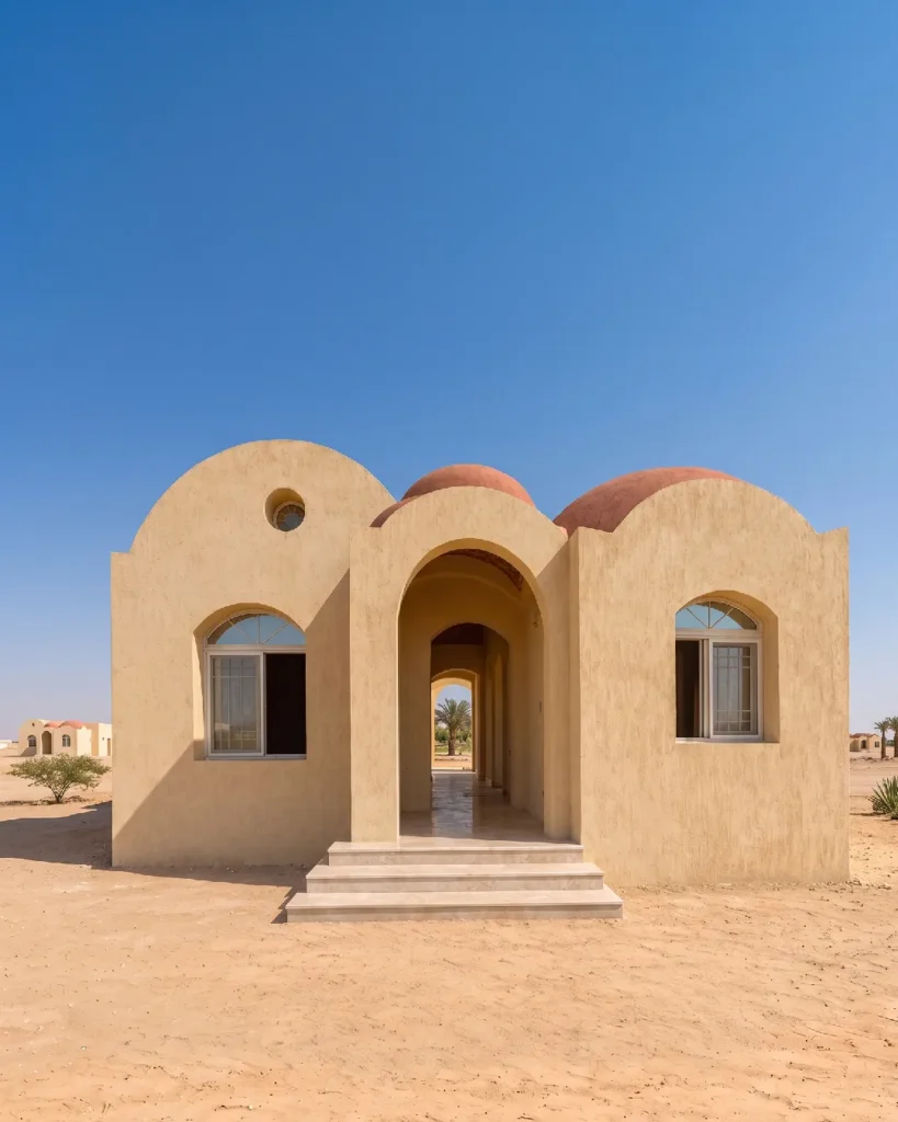 Delivered Andalusian-style villa at Rayan West with an arched entrance and two domes