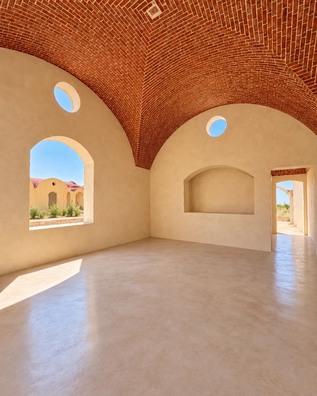 Finished villa interior at Rayan West with a vaulted brick ceiling and polished floor